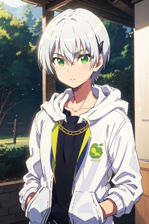 masterpiece, best quality, high quality, 1boy, solo, male focus, looking at viewer, upper body, <lora:hiroto_suzuki:0.70>, hiroto_suzuki, green eyes, white hair, , hoodie