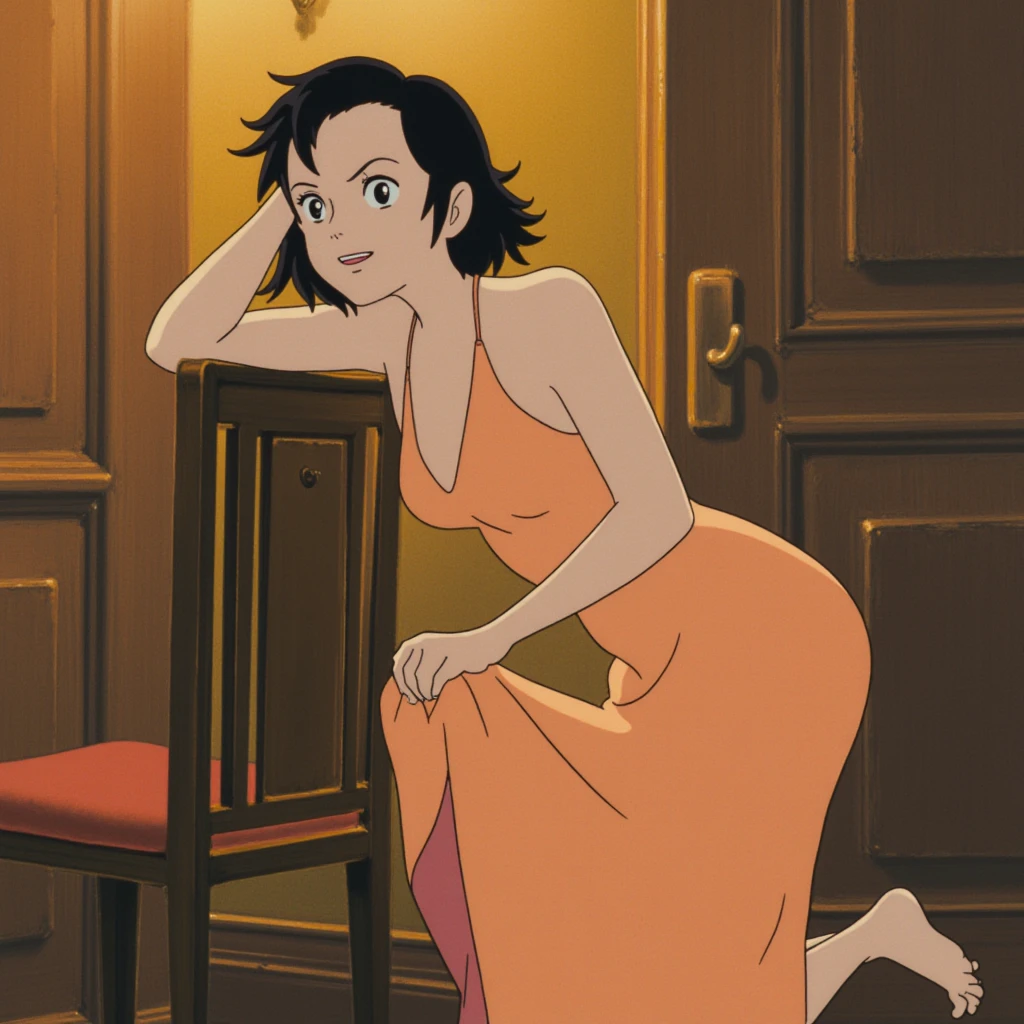 In style of Studio Ghibli. A petite and enigmatic girl stands in a nostalgic hotel room, bathed in warm, golden evening light. She wears an elegant evening dress, its smooth fabric flowing gracefully around her, yet she teasingly reveals one knee as she leans slightly forward, her posture playful and flirtatious. Her eyes sparkle with a mischievous, captivating gaze, and a coy smile graces her lips. The vintage room, adorned with intricate wooden furniture and soft patterns, adds to the nostalgic and romantic atmosphere. The artwork blends soft, watercolor-like backgrounds with sharp, delicate details on her figure, highlighting the allure of her playful elegance.