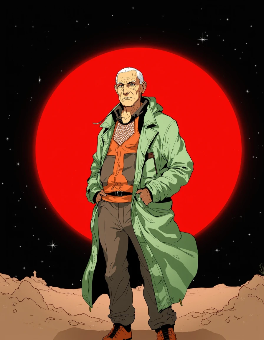 toha, old man with grey hair and light green eyes wearing a light green long jacket with a brown and orange jumpsuit underneath with white fishnet on the chest, collar, hood, brown dirt, red sun in background, black brownish red gradient background, stars