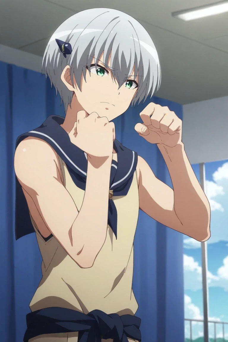 Ultra sharp, Highres, Masterpiece, Best quality at best,Best Quality,hight quality, hight detailed, 1boy, White hair, Shota, Sweat, Upper body, Depth of field, Anime Screencap Style, Seen from front, He looks cute , (Showing armpit:1.3), (very small and short stature), (very young boy), s, consert, Blurry beckground