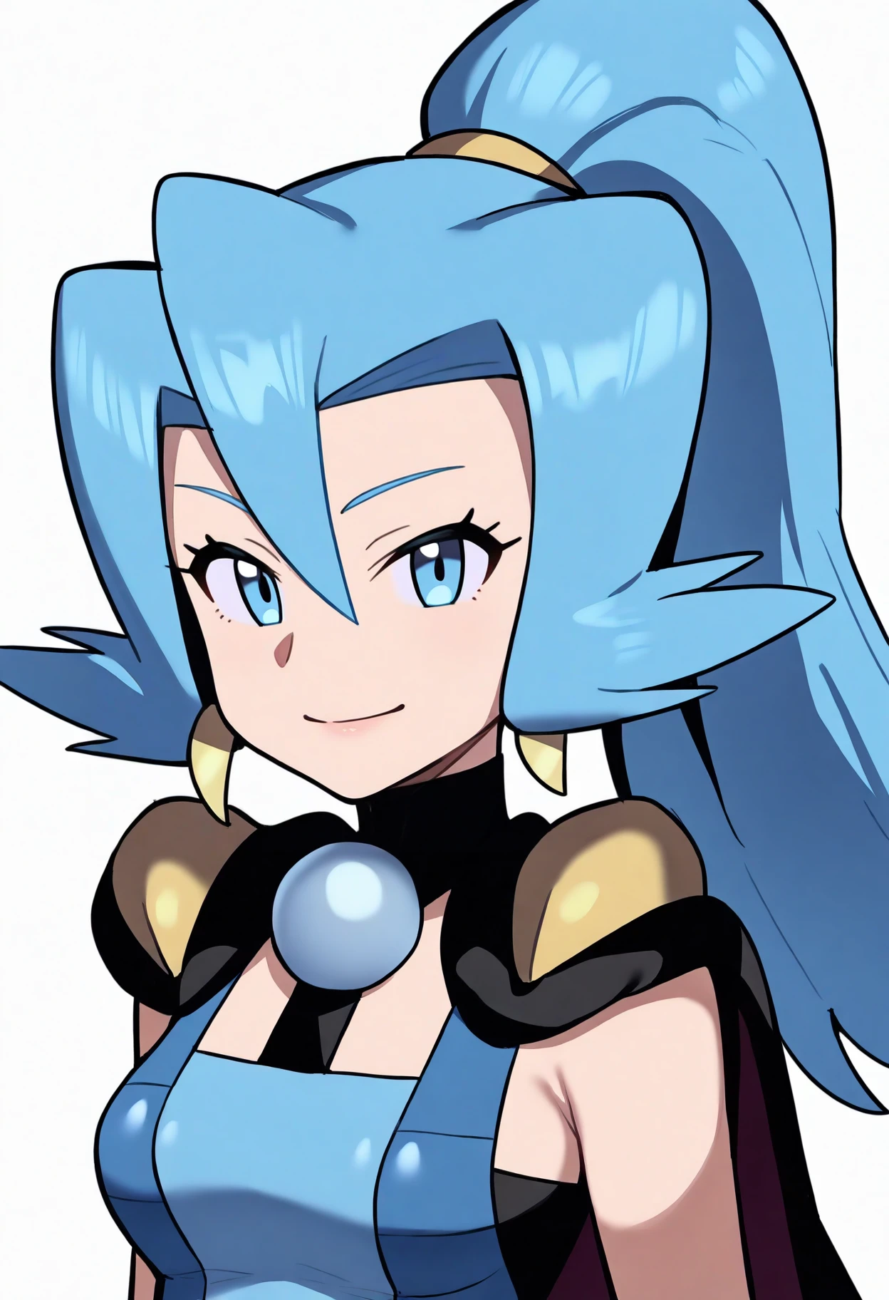 best quality, amazing quality, very aesthetic, absurdres,
1girl, clair, bangs, blue hair, blue eyes,  ponytail, long hair, hair between eyes,  earrings, floating hair,
cape, blue bodysuit, 
upper body, smile, looking at viewer, solo, simple background, white background   <lora:ClairIllustriousXL_byKonan:1>