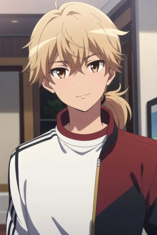 masterpiece, best quality, high quality, 1boy, solo, male focus, looking at viewer, upper body, <lora:ashura_kokuhou:0.70>, ashura_kokuhou, brown eyes, blonde hair, ponytail, , track suit