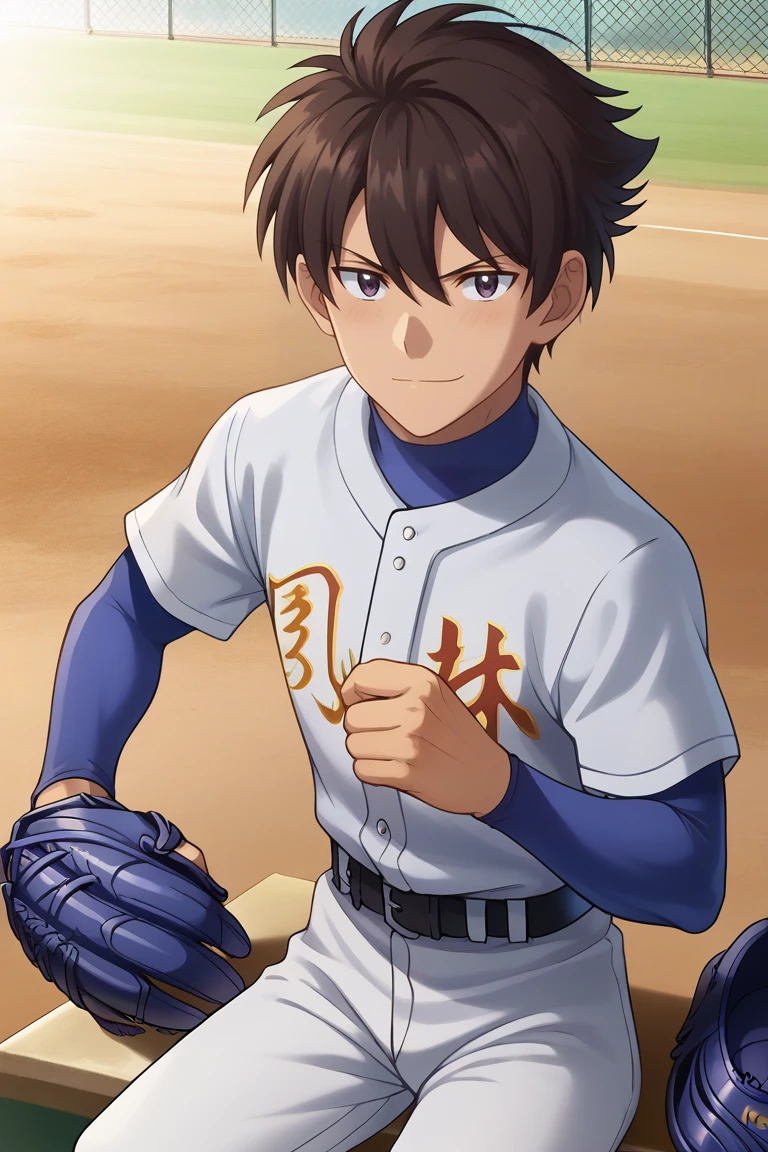 zPDXL2,<lora:Akira_Nishina:1>,akira nishina,1boy,male focus,solo,baseball uniform,white pants,smile,pants,baseball mitt,looking at viewer,sitting,holding,shirt,closed mouth,belt,white t-shirt,shade,pitching,blue turtleneck,short over long sleeves,anime screenshot,standing,