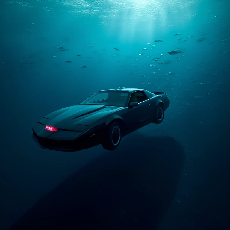 overhead view, a car at high speed in the deep sea, lot of fish in underwater world, kitt from knight rider, matte black pontiac trans am, streamline bodywork, a red scan light bar, glow effect, the driver is in the car, the light from above falls on the car. <lora:KittfromKnightRider:1>