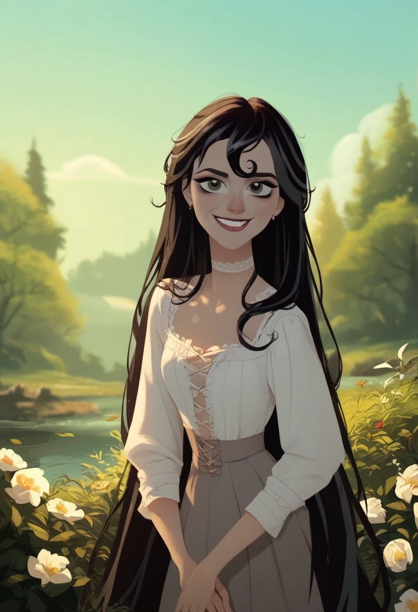 score_8_up, score_7_up, a woman with long black hair, outdoors, smiling, rating_questionable