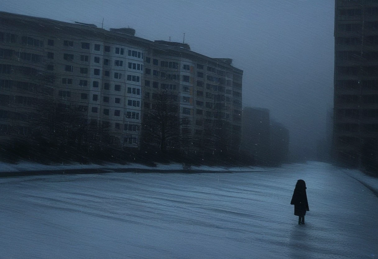 USSR Vibes, Russian Apartments, buildings, road, rainy, snow, melanchonic,