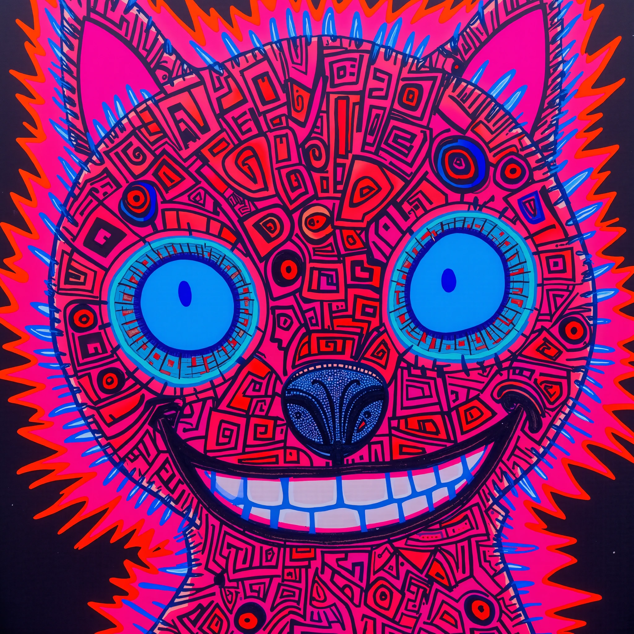 nescrip, a close-up of a face from a smiling cute pet.
text at the bottom: "NEONWAVE SCRIBBLE"