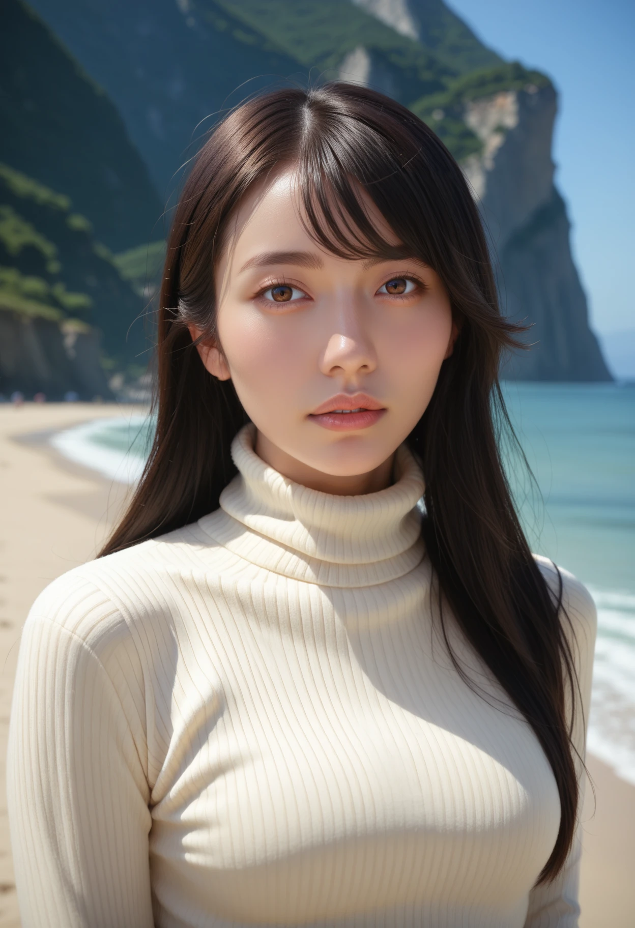 score_9, score_8_up, score_7_up, realistic, 1girl,
<lora:Momose_Atsuki_V1:.85>, KJOmomose, black hair, brown eyes, swept bangs, long hair, 
turtleneck sweater, 
portrait, upper body, expressionless, parted lips, looking at viewer, 
ocean, beach, mountainous horizon, 
(Beautiful, medium Breasts:1.2),