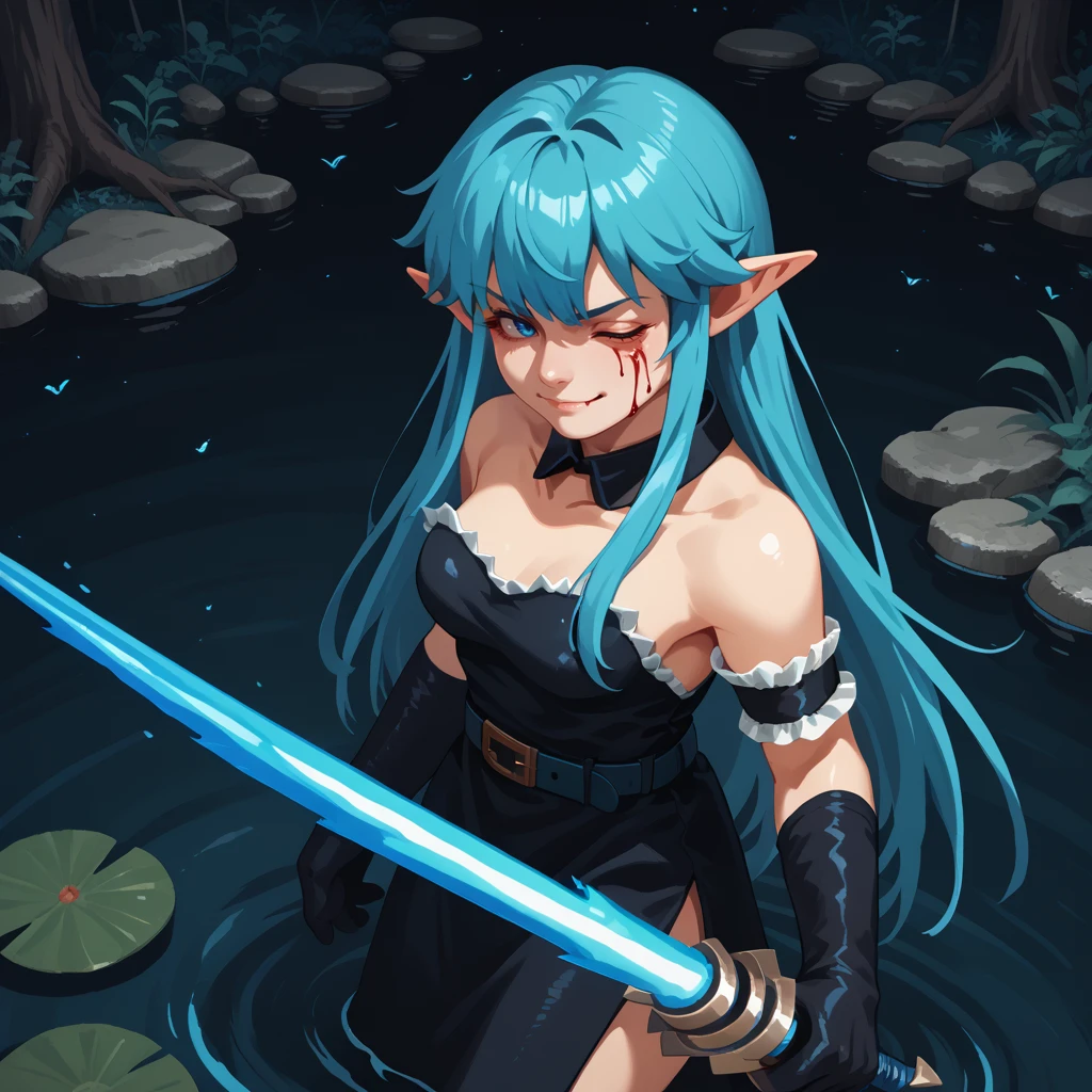 <lora:Expressive_H:0.6> Expressiveh, <lora:taoistp-v1-19:0.7> sktaoistp, 1girl, solo, long aqua hair, blue eyes, pointy ears, blood on clothes, looking away, one one eye closed, annoyed, misty lake, night, blue fire, dutch angle, from above, dark, smirk
detached collar, strapless black dress, arm garter, black gloves, bridal garter, elbow gloves, belt, holding energy sword, torn clothes, around monster, horror \(theme\), ((blood)),, score_9, score_8_up, score_7_up, score_6_up, score_5_up, score_4_up