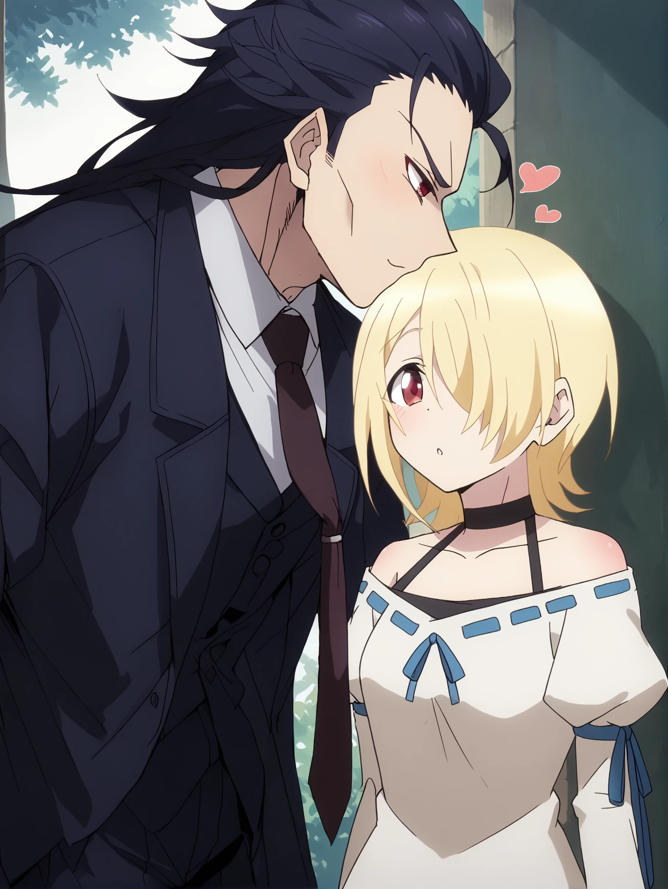 score_9, score_8_up, score_7_up, rating_safe, score_anime, white background, 1boy, long black hair, black hair, black suit, necktie ADDCOL <lora:Aku_S2_PDXLv0:0.8> aku-s2, red eyes, kissing cheek, heart, standing, main outfit, choker, upper body