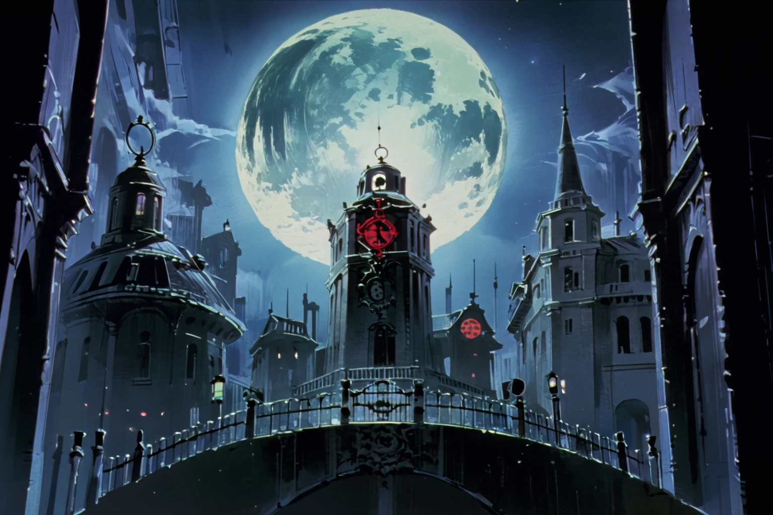 (NO-HUMANS:1.3), background focus, utenaki, fantasy clock tower in darkness under the full moon, <lora:utenakiPXL:1>, (score_9, score_8_up, score_7_up)