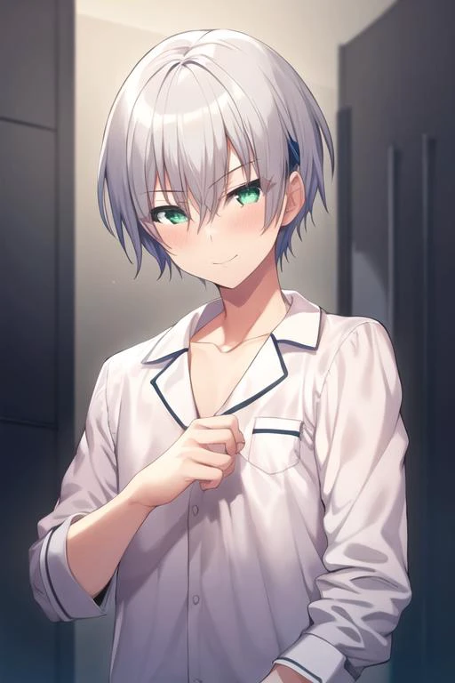 masterpiece, best quality, high quality, 1boy, solo, male focus, looking at viewer, upper body, <lora:hiroto_suzuki:0.74>, hiroto_suzuki, green eyes, white hair, , pajamas