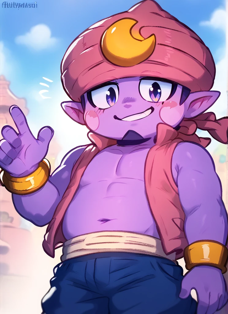 score_9, score_8_up, score_7_up, <lora:bsgene:1>bsgene , 1 boy , colored skin, ,pink vest , bracelet, pink headwear , ,blush stickers, blue pants , pointy ears bare shoulders, solo , simple background, , smile , looking at viewer, plump, <lora:fluffylewdsai:1> fluffylewdsai