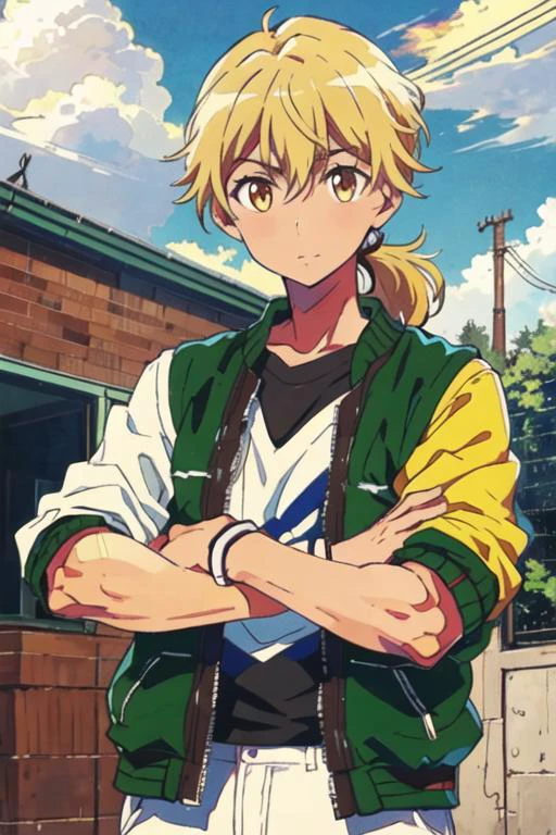 masterpiece, best quality, high quality, 1boy, solo, male focus, looking at viewer, upper body, <lora:ashura_kokuhou:0.72>, ashura_kokuhou, brown eyes, blonde hair, ponytail, , jacket