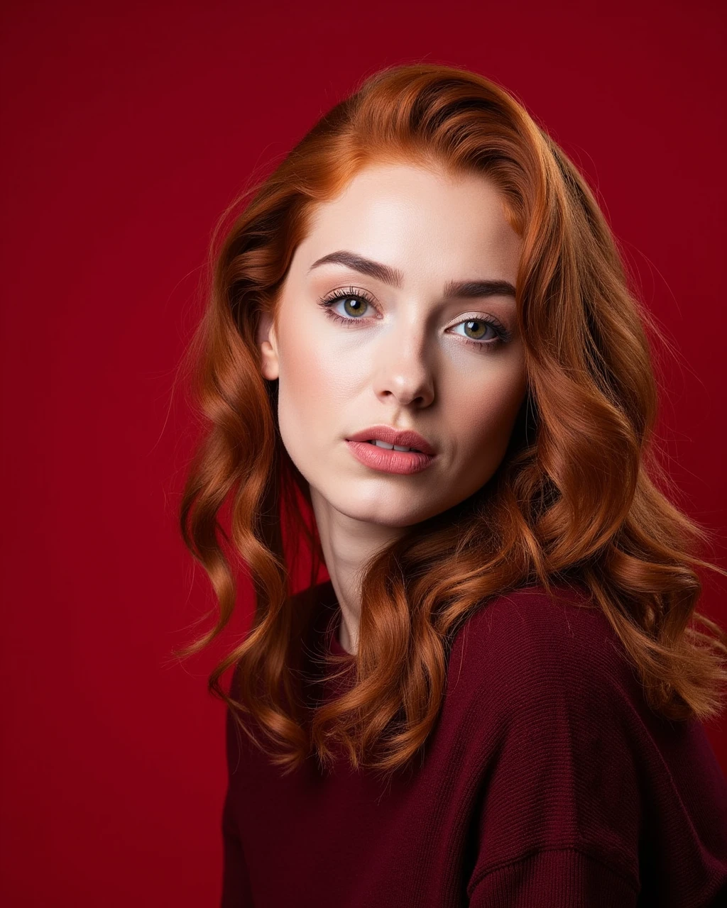 gorgeous woman close up portrait photo,curly red hair, wearing a dark red sweater ChinFixer-2000 style , studio photo, rembrandt lighting, flat red background<lora:Flux\chinfixer-2000.safetensors:0.5:0.5>