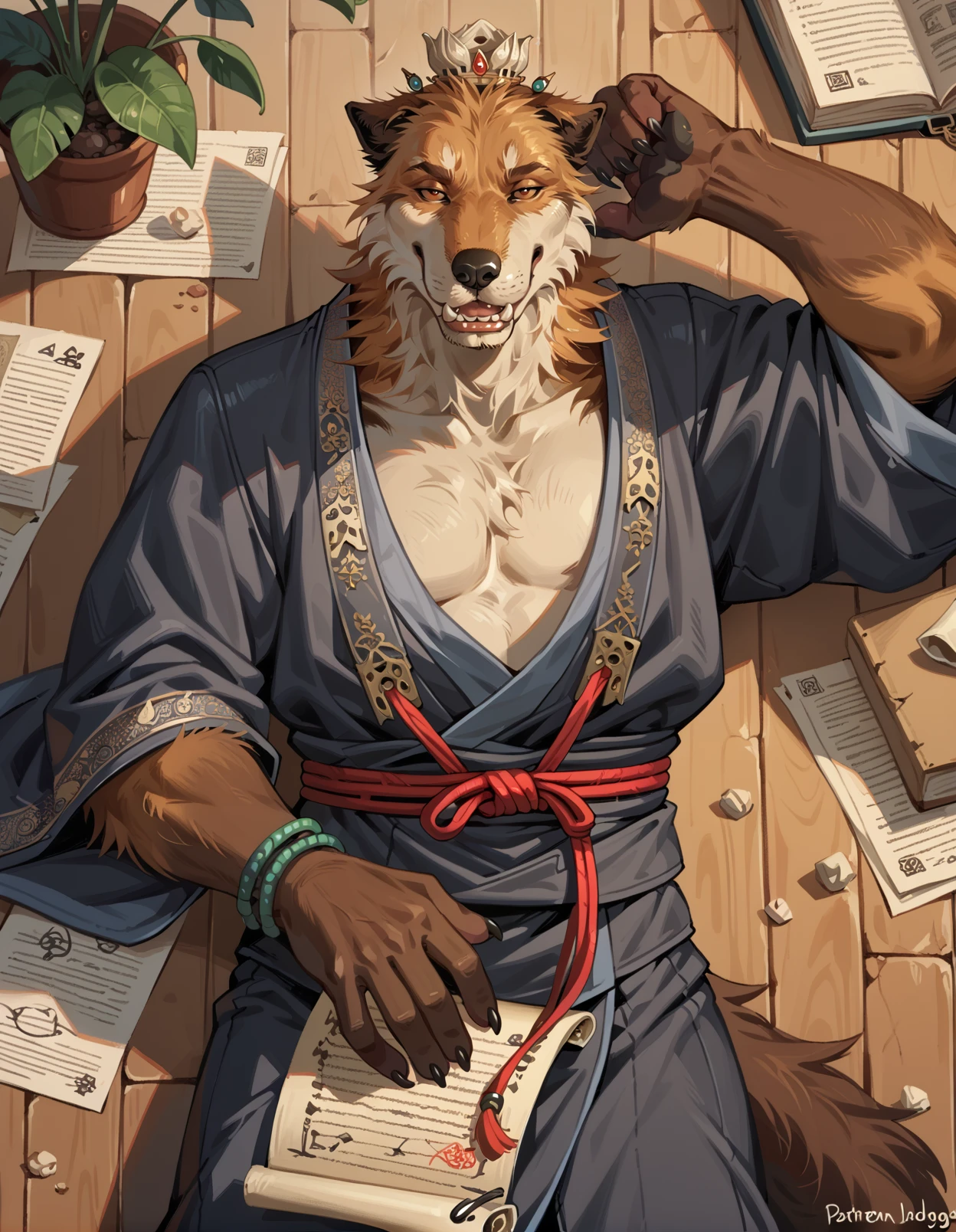 xudog, dog, score_9, score_8_up,  anthro, solo, male, grey robe, red string accessory, lotus hair bun, bedroom eyes, seductive, tongue, on back, looking at viewer, red eyes, fluffy tail, clothing aside, messy clothing, wood floor, scroll, paper, herbs, plant, 
<lora:BlackMythXuDog_1.0.4:1>