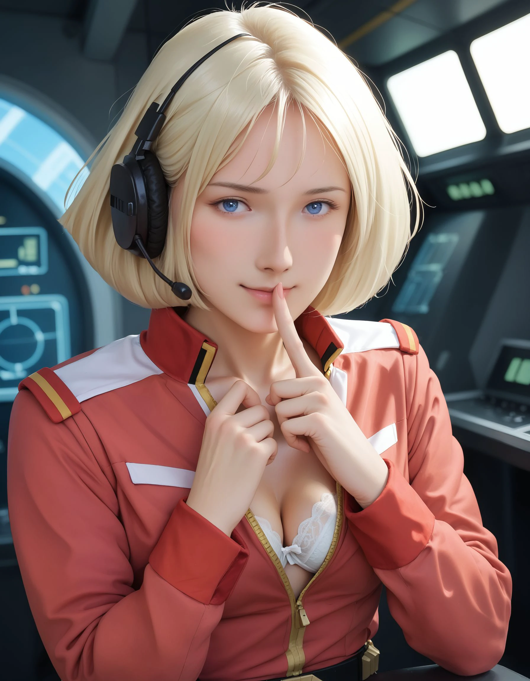 (score_9:0.0), score_8_up, score_7_up, ultra hd quality details, highres, photorealistic, film grain, delicate hair depiction, A face without makeup, high contrast, dramatic lighting,
BREAK
1girl, solo focus,
(red military jacket:1.2), long sleeves, belt, headset,
unzipped, collarbone, cleavage, white bra,
hands on own chest,( hands up:1.2),( clothes pull:1.1), finger to mouth,( shushing:1.3), index finger raised,
<lora:XL_DK_sayla20240925b_pony_Prodigy:1> realistic photo of dk_sayla has blonde hair and blue eyes., 1980s \(style\), parody,
BREAK
looking at viewer, happy, closed mouth, blush,
brown haired (people in the distance:1.1) facing away., leaning forward,
seat, science fiction, battleship bridge, spacecraft interior, huge monitor,
breast focus, close-up,( two-tone jacket:1.1),( mandarin collar:0.0),