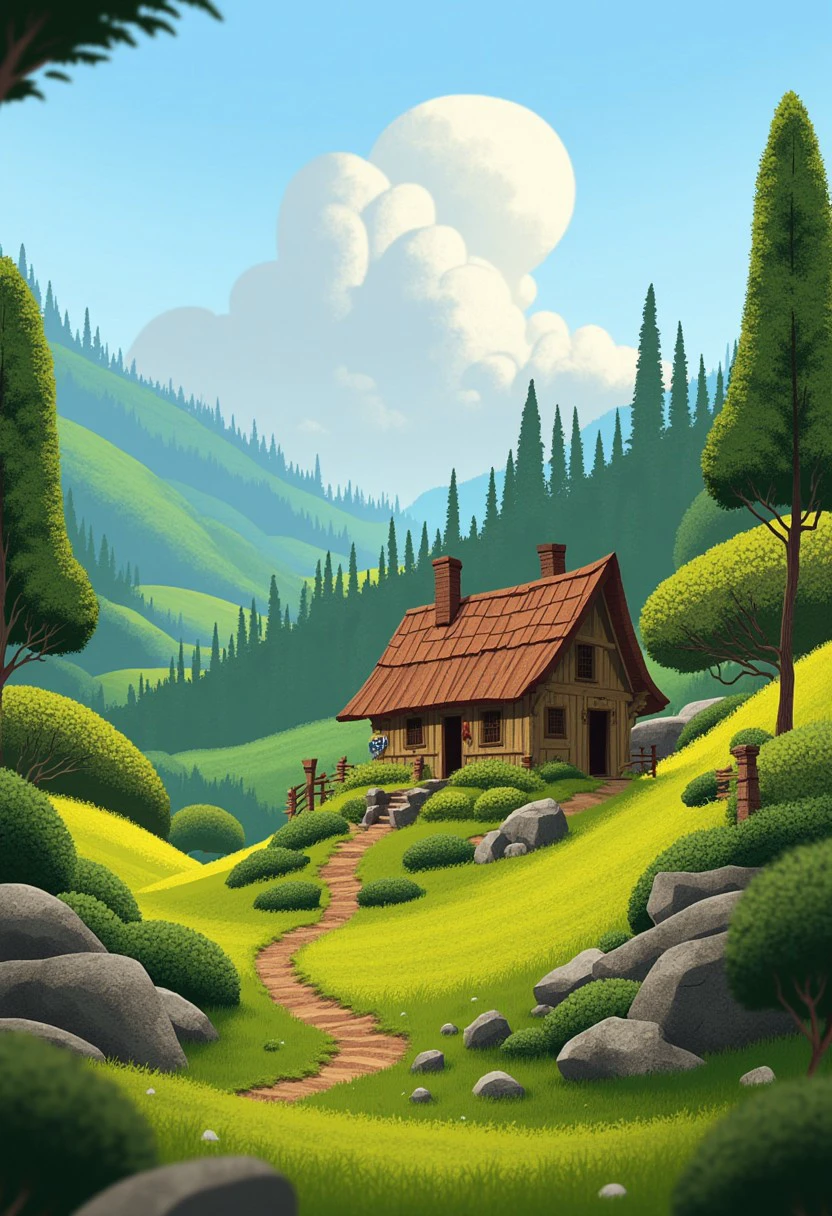 Quaint cottage in a secluded valley, clouds