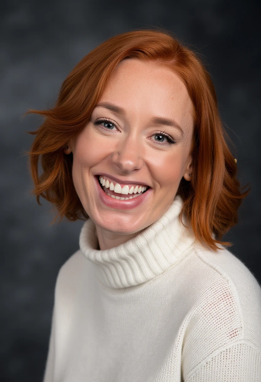 A professional portrait photo of hannahfry, a woman. She is smiling widely, showing her teeth. She is wearing a white knit turtleneck sweater. The background is blurry and shows a dark gray professional photo studio canvas.