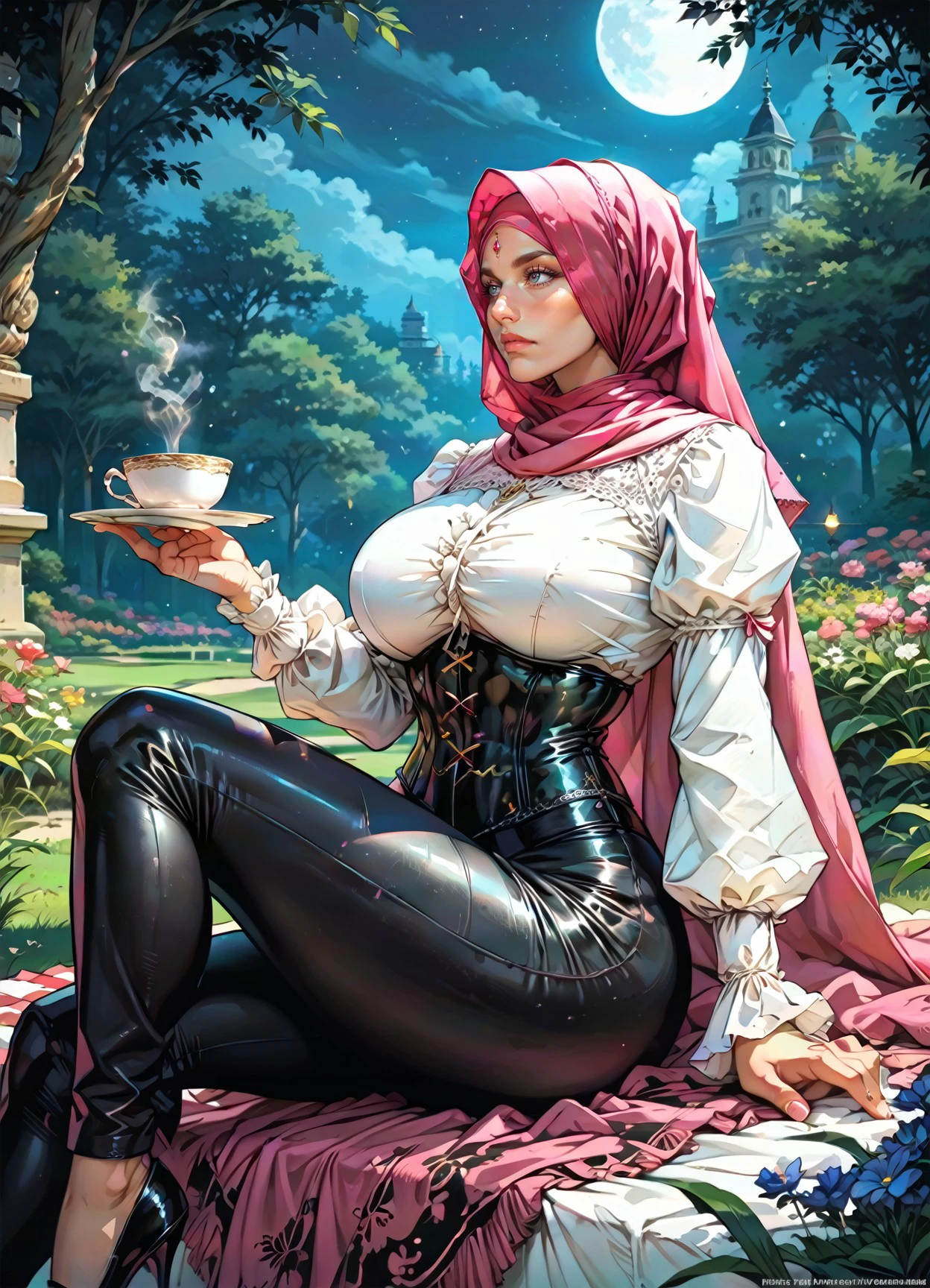 score_9, score_8_up, score_7_up,1girl, hijabwitch, pink hijab, holded legs, sitting on a picnic blanket, holding a teacup, picnic clutter, (night, dark theme, low light), cinematic lighting,  large breasts, wide hips, white shirt, corset, underbust, forehead jewel, pants, high heels, nature, outdoors, victorian garden, detailed background, dutch angle, side view, <lora:Pony_DetailV2.0:1> <lora:Hijabwitch-10:0.85> <lora:harrison-fisher_pony_v1:0.15> <lora:Hataraki_Ari PonyXL-1024px-v2:0.5>