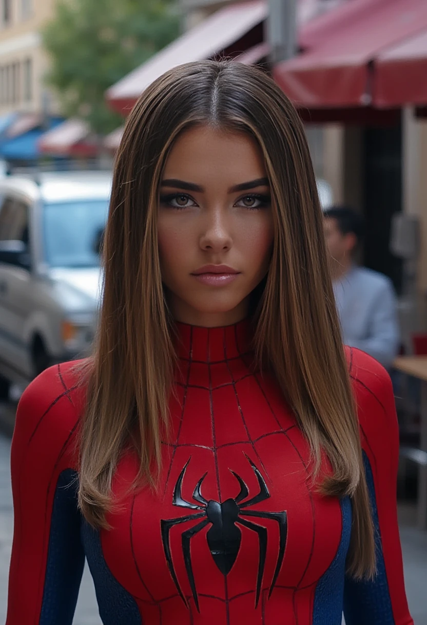 realistic closeup photo of a woman, heavy makeup, direct eye contact, photograph, wearing a spiderman suit, on a street, solo shot, iphone photo, m4d1s0n