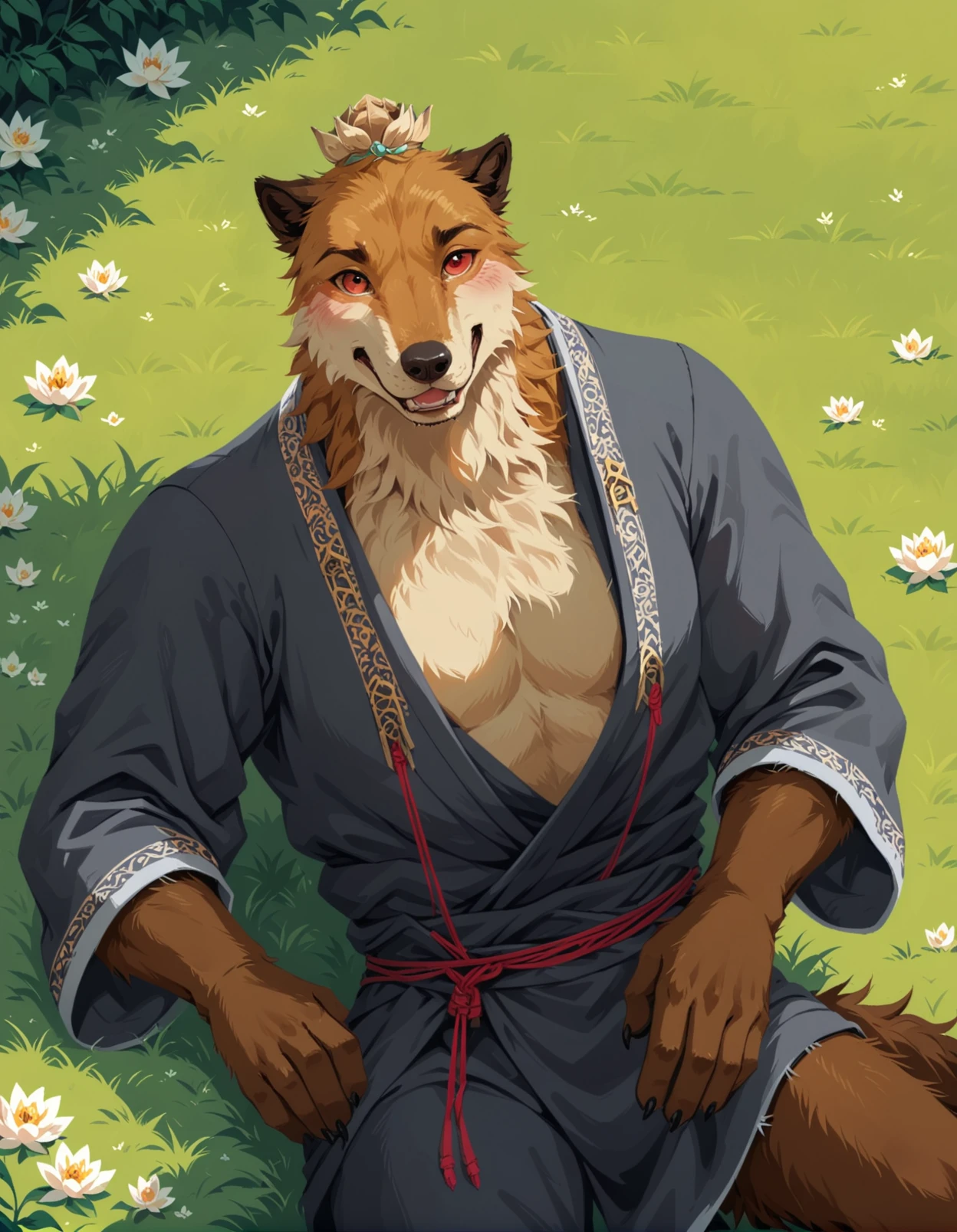 xudog, vector art, lineless, dog, anthro, solo, male, grey robe, red string accessory, lotus hair bun, slim, blush, convenient censorship, lying, on_back, shy, red eyes, open mouth, grass, plant, pose, dutch angle, fluffy tail, close up,  bent legs, <lora:BlackMythXuDog_seaart-1.0.3:1>