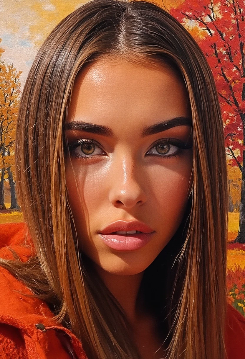 realistic photo of a woman, heavy makeup, direct eye contact, photograph, intricate details, vivid and vibrant colors, highly detailed skin, captivating eyes, Expressionistic abstract painting utilizing a rough palette knife technique depicting the face of a woman with long flowing hair in the fall. The autumn theme is respresented through primary use of the colors red, orange and brown as well as autumn trees and leaves, m4d1s0n