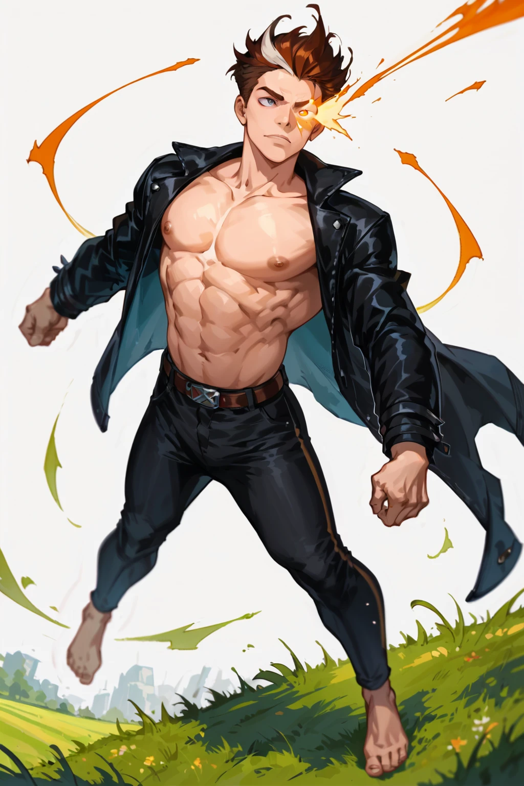 anime illustration, solo male, handsome face, slim-build, two-tone hair, auburn hair with white stripe, medium-length hair, long black coat, black pants, barefoot, shirtless, eye glowing with power, flying over grass, action lines, <lora:nategreyP:0.7>, (score_9, score_8_up, score_7_up)