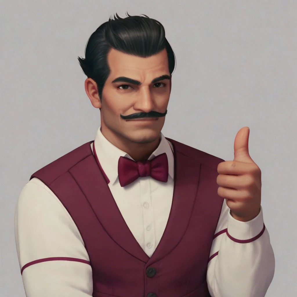 Score_7_up, score_8_up, upper body, 2d, cartoon, 
BREAK,
JoFather, bowtie, vest, moustache, looking at viewer, (thumbs up:1.2), simple background,