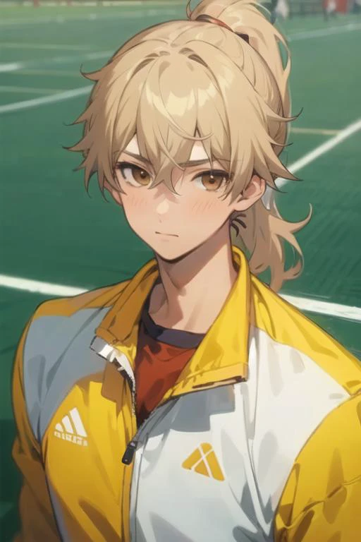 masterpiece, best quality, high quality, 1boy, solo, male focus, looking at viewer, upper body, <lora:ashura_kokuhou:0.52>, ashura_kokuhou, brown eyes, blonde hair, ponytail, realistic, track suit