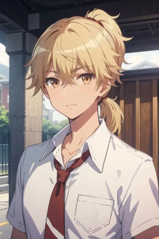 masterpiece, best quality, high quality, 1boy, solo, male focus, looking at viewer, upper body, <lora:ashura_kokuhou:0.68>, ashura_kokuhou, brown eyes, blonde hair, ponytail, , school uniform