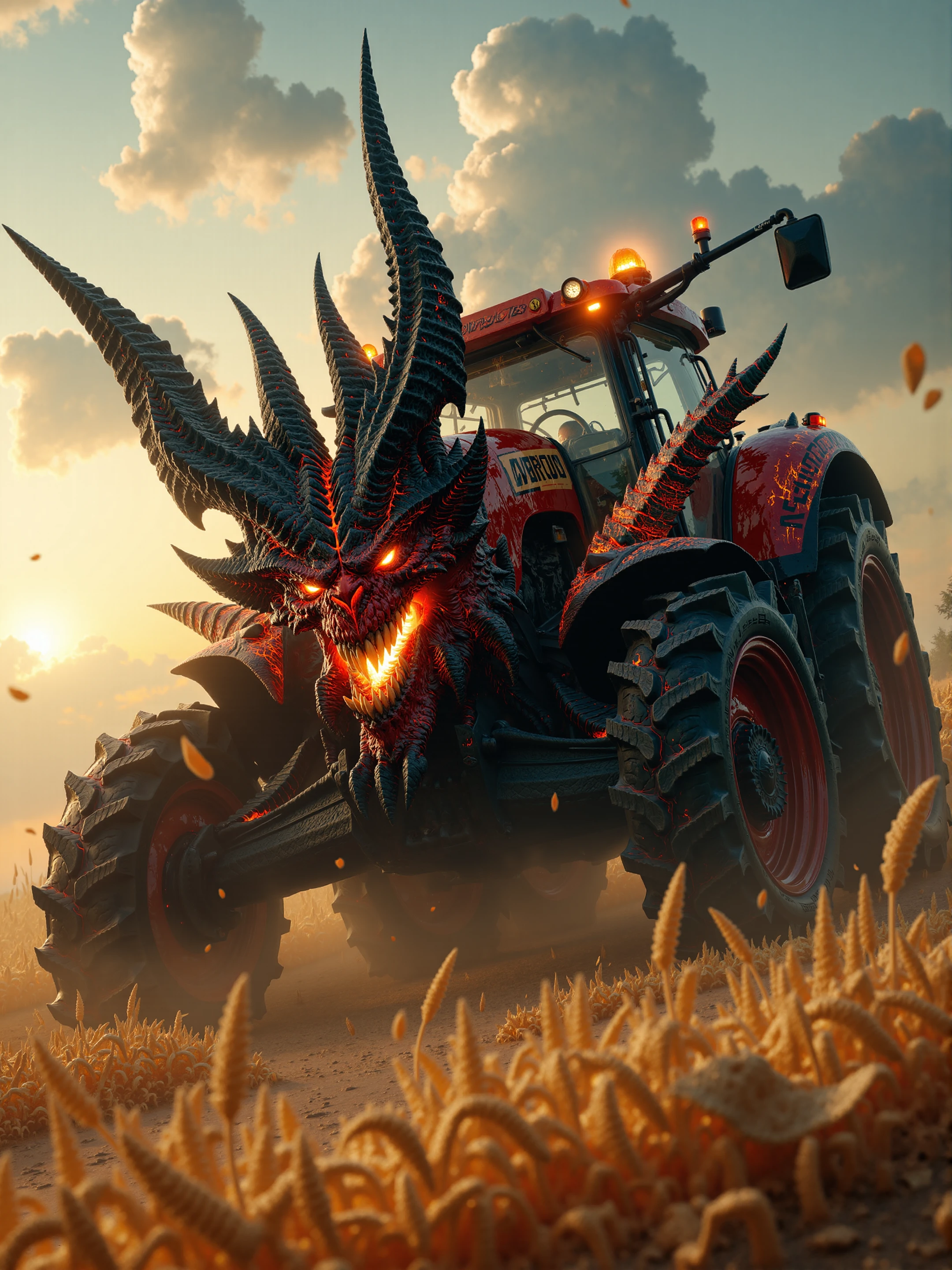 diablobylaushine,detailed photorealistic artwork of a tractor is demon-like,is working on rice fleid