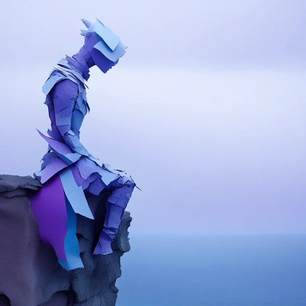 brokenness, figure gazing at the sky, in a cliff overlooking the ocean, with paper armor, under bright and harsh, in surreal, using muted blues and purples