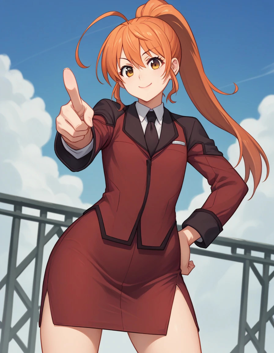 score_9, score_8_up, score_7_up BREAK 1girl, solo, yamabuki rin, orange hair, long hair, ponytail, ahoge, (lipstick:0.7), smile, closed mouth, military uniform, red clothing, black necktie, pencil skirt, side slit, (pointing at viewer, one hand on hip:1.2), standing, open legs, (front view, blue sky:1.1) <lora:yamabuki_rin_pdxl_v0:0.9>