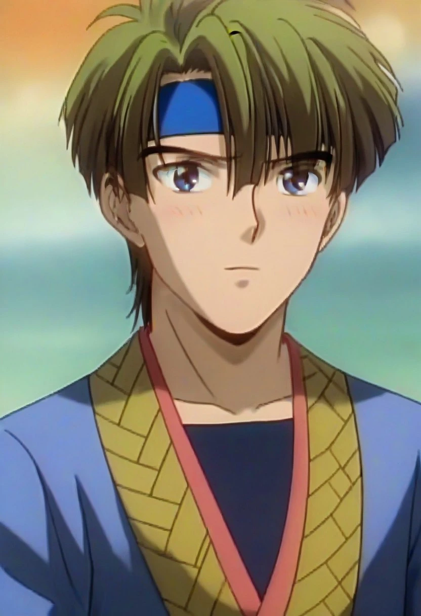 ((masterpiece)), ((best quality)), ((ultra-detailed)), ((absurdres)), score_9_up, score_8_up, score_7_up,
HD, top quality, best quality, amazing quality, High-quality illustrations, anime screencap, source_anime, best aesthetic, perfect proportions, perfect eyes, 1boy, 1male, solo boy, solo male, male focus, solo male focus, Anime, boy, male anime character, anime boy, handsome, attractive, cute, charming, sexy, hot, ((tall, tall height, tall body)), ((slim body, slender body, lean body)), Amiboshi, green-yellow hair, blue eyes, blue headband, chinese outfit, light purple outfit, ((close up shot, face only shot))