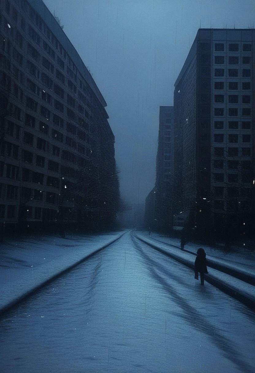 USSR Vibes, Russian Apartments, buildings, road, rainy, snow, melanchonic,