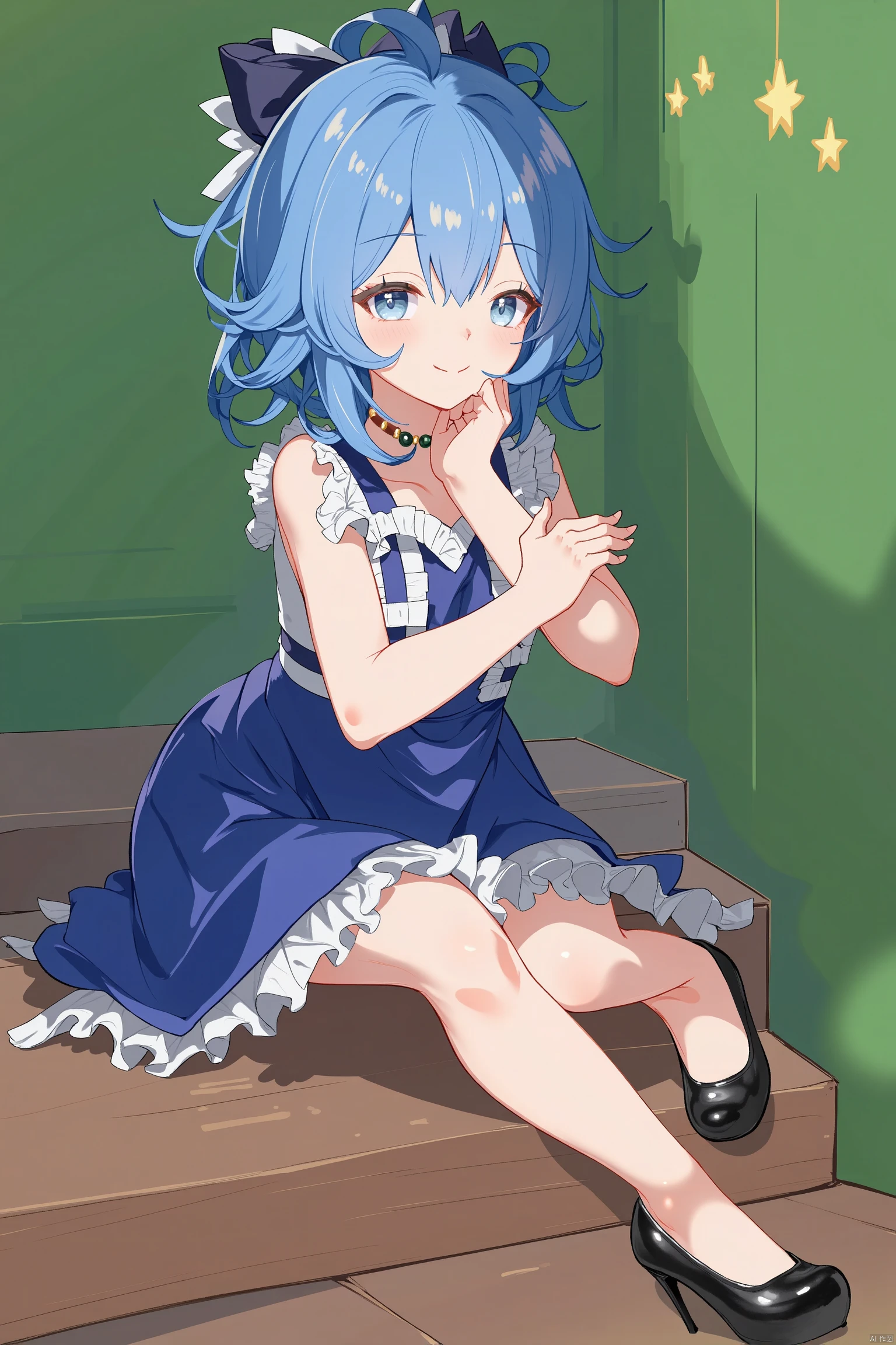 An animated image of an anime girl with blue hair and a blue dress. She is sitting on a wooden step that is surrounded by a green wall. The girl is wearing black high-heeled shoes. Her dress is blue with a white top and a long blue skirt. Her hair is tied up in a bow at the top of her head. Her eyes are closed and she is looking to the left. Her arms are crossed in front of her chest. Her legs are crossed at the bottom of her legs. She has a necklace around her neck. There are stars on the wall behind her.