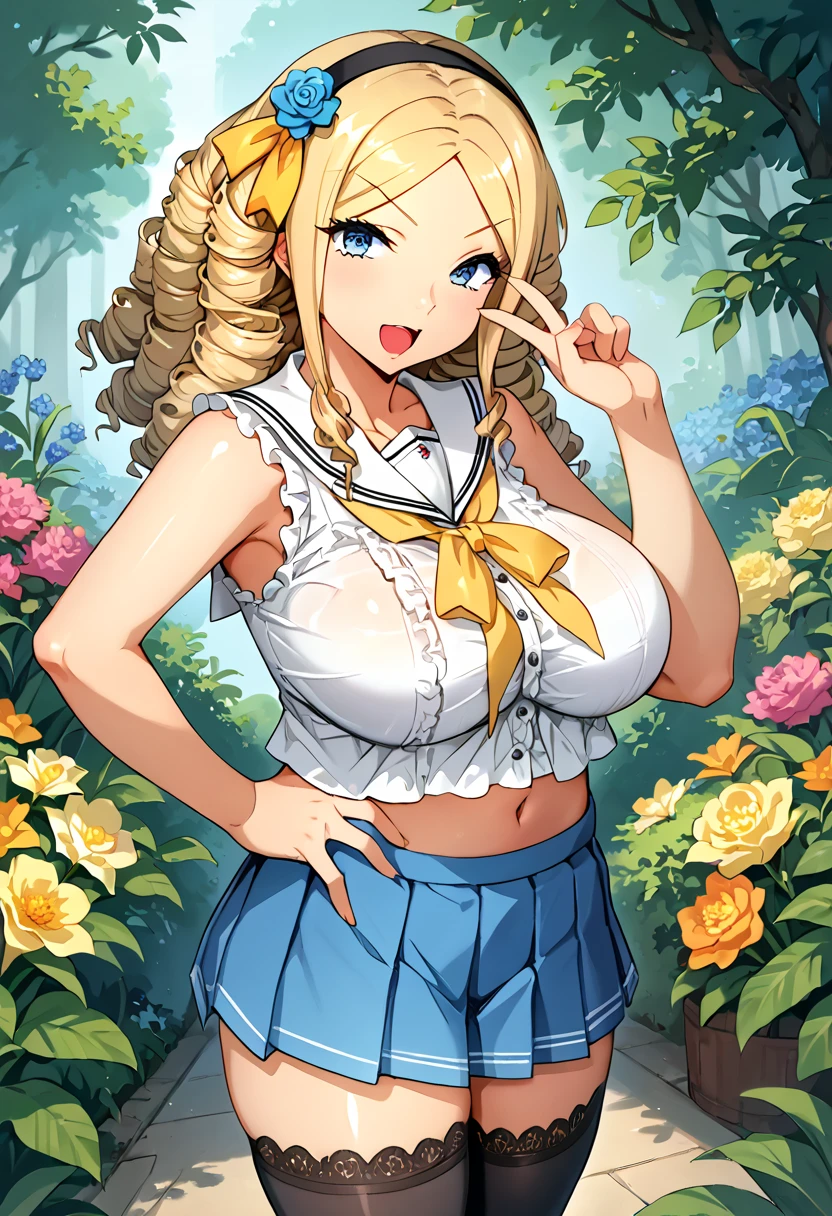 score_9, score_8_up, score_7_up, source_anime BREAK 1girl, solo, <lora:floria_pilot_2:1>, srw_floria, cowboy shot, white shirt, frilled shirt, sleeveless shirt, navel, white sailor collar, yellow bow ribbon, no sleeves, dark blue pleated skirt, mini skirt, black thighhighs, hairband, blue hair flower, large breasts, blonde hair, parted bangs, drill hair, blue eyes, v-shaped eyebrows, looking at you, smile, open mouth, hand on hips, flower garden background