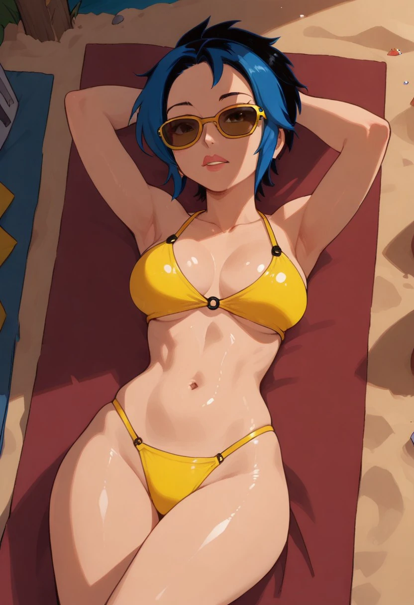 Score_9_up, score_8_up, score_7_up, BREAK, high quality, Expressiveh, 1girl, solo, grrr1, multicolored hair, black hair, blue hair, yellow bikini top, perky breasts, yellow thong, beach, towel, sunglasses, relaxing, shiny skin,