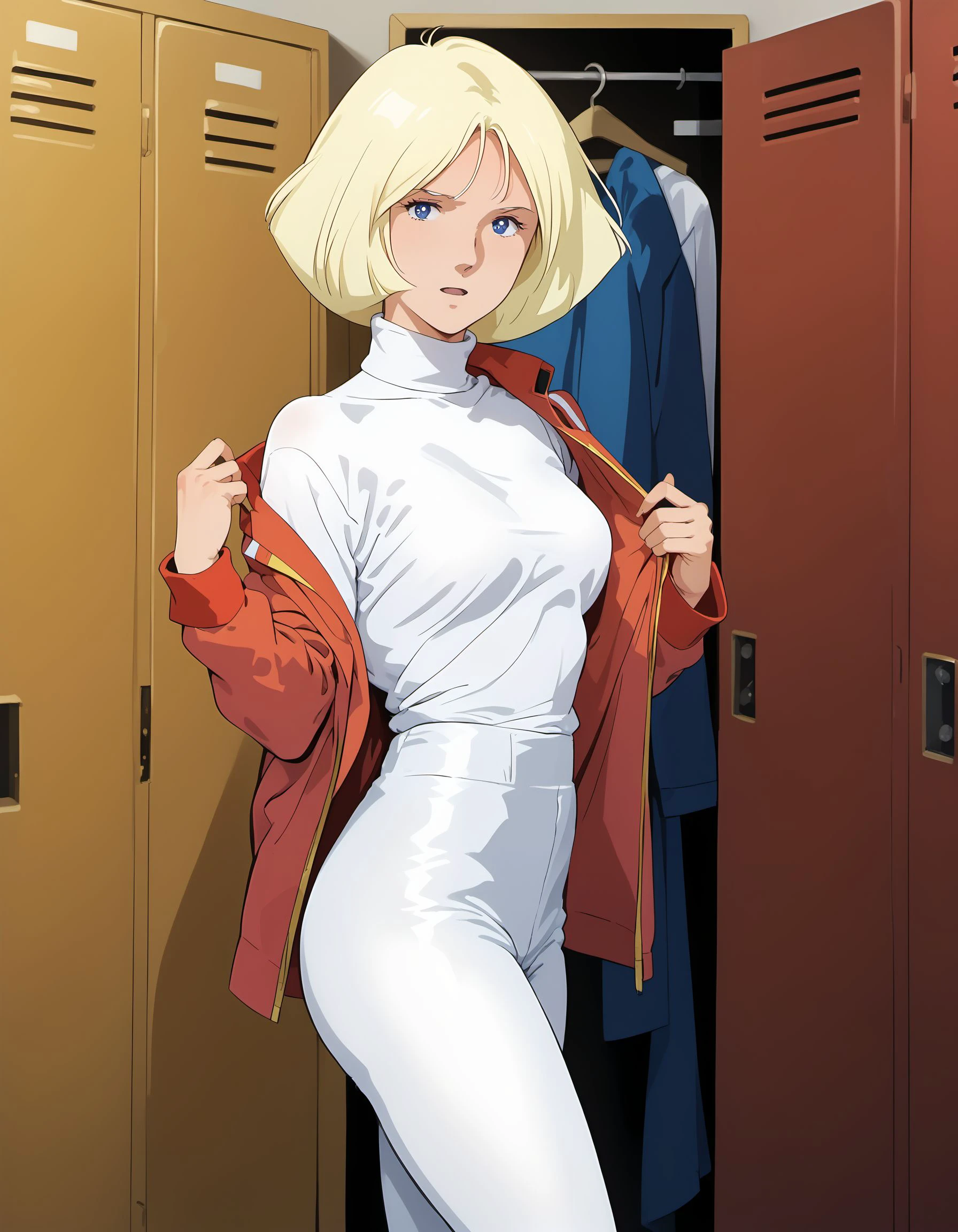 (score_9:0.0), score_8_up, score_7_up, source_photo, hd, highres, photography, Realistic
BREAK
1girl, solo,
open red military jacket, long sleeves, tight white pants, open clothes,
wearing a white turtleneck shirt as an inner layer,
undressing, off shoulder,
hands up, parted lips, looking at viewer, standing,
locker room,
from side, cowboy shot,
<lora:XL_DK_sayla20240925b_pony_Prodigy:1> dk_sayla, 1980s \(style\), parody,