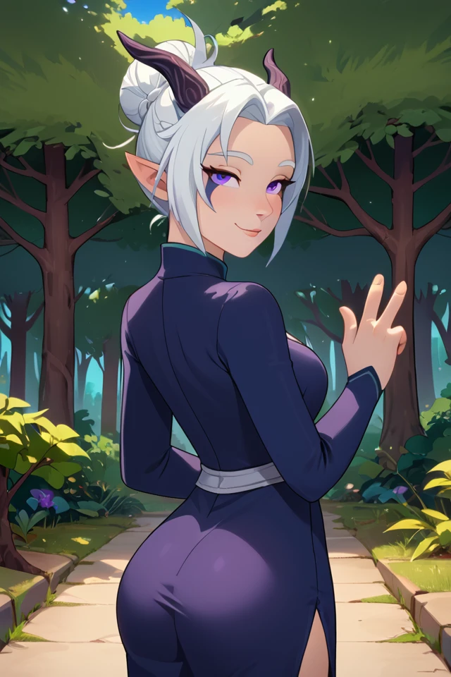 score_9, score_8_up, score_7_up, rayla, rayla (the dragon prince), the dragon prince, long hair, short hair, (white hair), (horns:1.3), pointy ears, purple eyes, boots, nature, smile, looking at viewer, cowboy shot, big natural breast, adult female, facial mark, fewer digits, elf, athletic, elf female, elf girl, hair bun, slender, curvy, upper body, close-up, (four fingers), (4fingers), erotic female, seductive smile, sexy, naughty face, <lora:RaylaTheDragonPrincePonyXL-10:0.7>, ass focus, big ass, sexy dress,