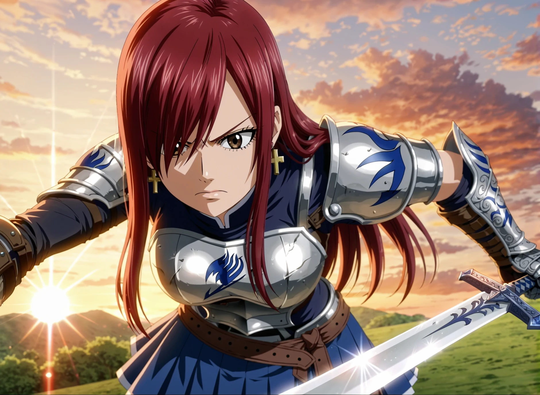 anime screencap,anime style artwork,source_anime,score_9,
erza scarlet,fairy tail,
sunrise_stance,brave_perspective,silver plate armor,cross in breastplate,sword,holding sword out in front,looking down the length of the sword,intense eyes,hair over one eye,red hair,breastplate,Brown eye,looking at viewer,eye reflection,close-up,extended arm,leaning forward,forced perspective,
Armor,plain blue skirt,armored dress,cross earrings,pleated skirt,plain blue skirt,shiny skin,shiny armor,platemail,
arm guards,gauntlets,single sword,reflective armor,
solo,