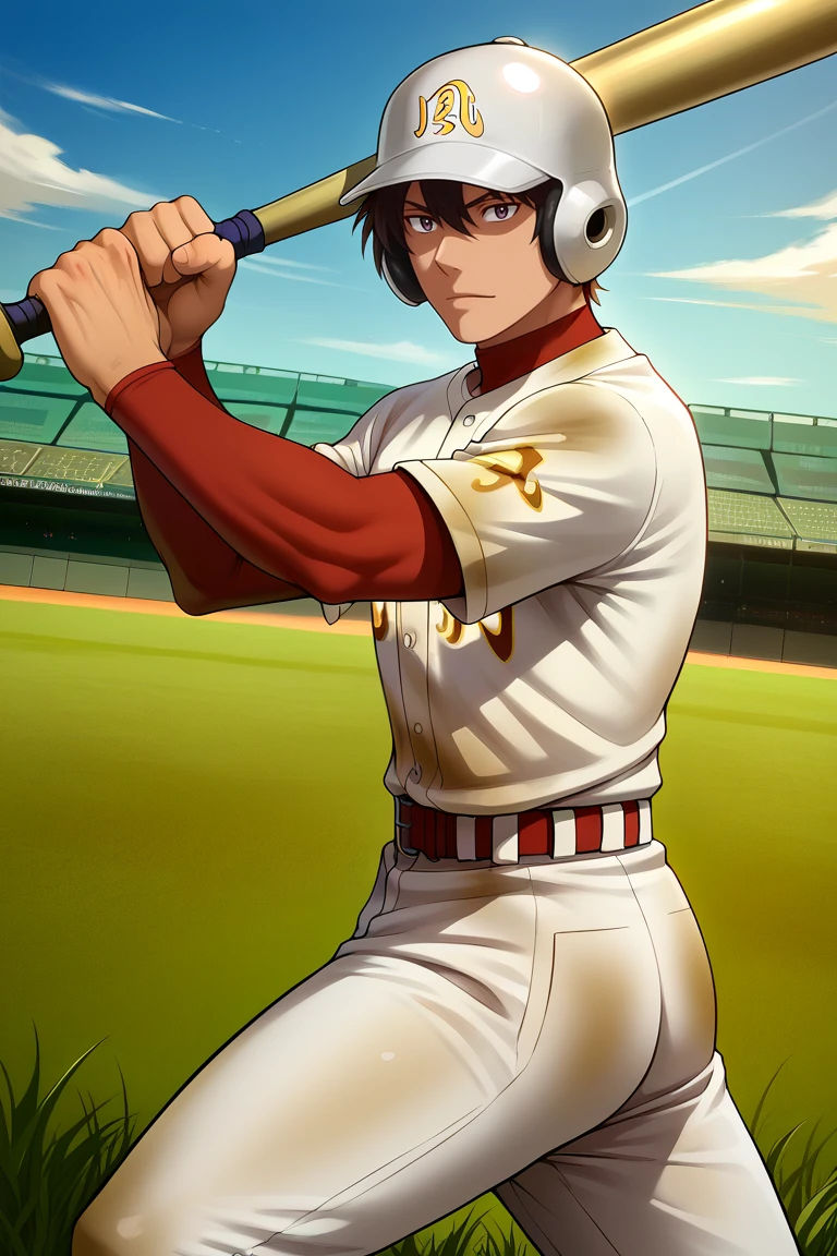 zPDXL2,<lora:Akira_Nishina:1>,akira nishina,(batting stance:1.2),holding baseball bat,1boy,baseball bat,baseball helmet,hat writing,clothes writing,solo,male focus,baseball uniform,belt,white pants,white t-shirt,dirty,red turtleneck,short over long sleeves,sky,grass,baseball stadium,