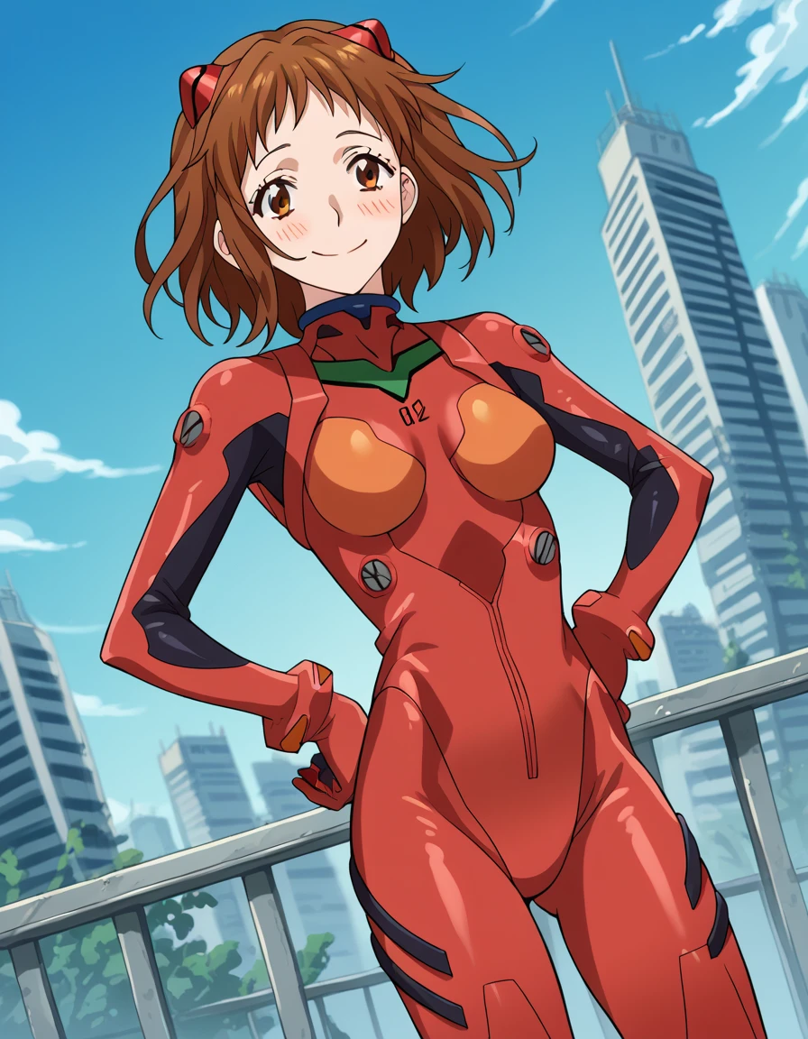 score_9, score_8_up, score_7_up, source_anime, <lora:miou-aida-movie-ponyxl-lora-nochekaiser:1>, miou aida, short hair, brown hair, brown eyes, medium breasts, <lora:souryuu-asuka-langley-cosplay-ponyxl-lora-nochekaiser:1>, souryuuasukalangleycosplay, souryuu asuka langley (cosplay), bodysuit, pilot suit, plugsuit, red bodysuit, interface headset,, cityscape, smile, blush, hands on hips,, , cowboy shot, dutch angle,