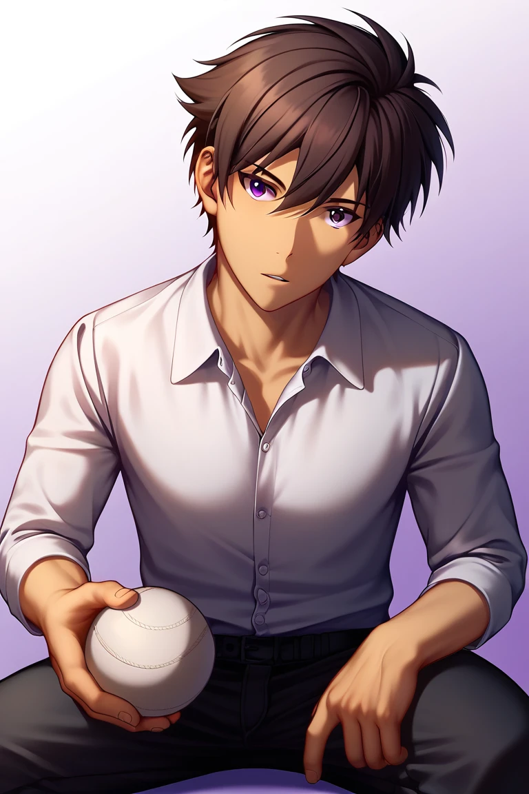 zPDXL2,<lora:Akira_Nishina:1>,akira nishina,1boy,male focus,shirt,solo,white t-shirt,holding,collared shirt,head tilt,pants,looking at viewer,black pants,parted lips,dress shirt,sitting,holding ball,baseball,baseball \(object\),simple background,gradient background,white background,shadow,ball,upper body,purple background,