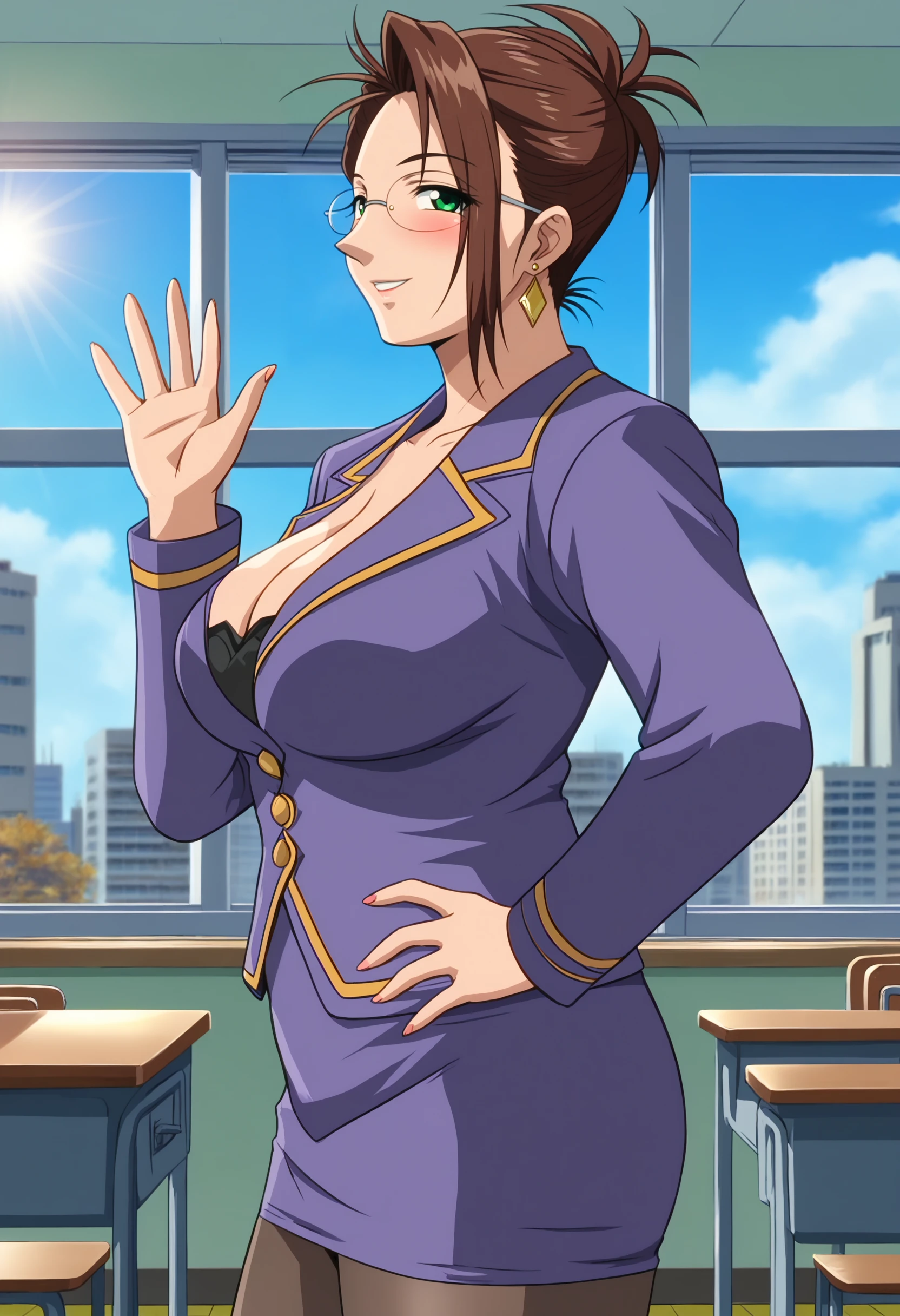 score_9,
a girl is standing, from side, looking to the side, hand on own hip, 5 fingers, waving arm,
Remi Izumi, 1girl, mature female, solo,
looking at viewer, blush, smile, parted lips,
brown hair, short hair, hair up, glasses, green eyes, earrings,
blazer, pencil skirt, pantyhose, black undershirt, 
curvy, breasts, thick thighs, cleavage,
indoors, classroom, window, sky, sunlight, city, sun, day,
<lora:Remi Izumi3216PDXL:1>