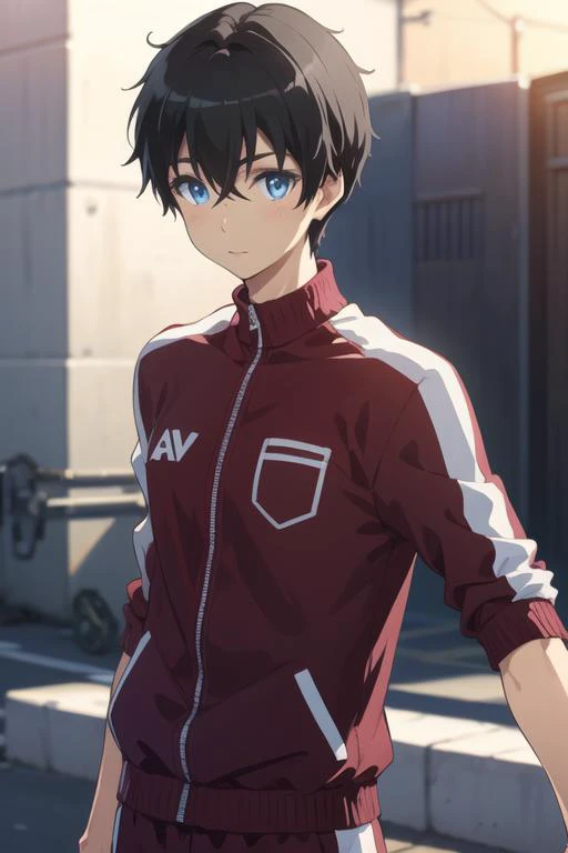 masterpiece, best quality, high quality, 1boy, solo, male focus, looking at viewer, upper body, <lora:youta_narukami:0.70>, youta_narukami, blue eyes, black hair, hair between eyes, realistic, track suit