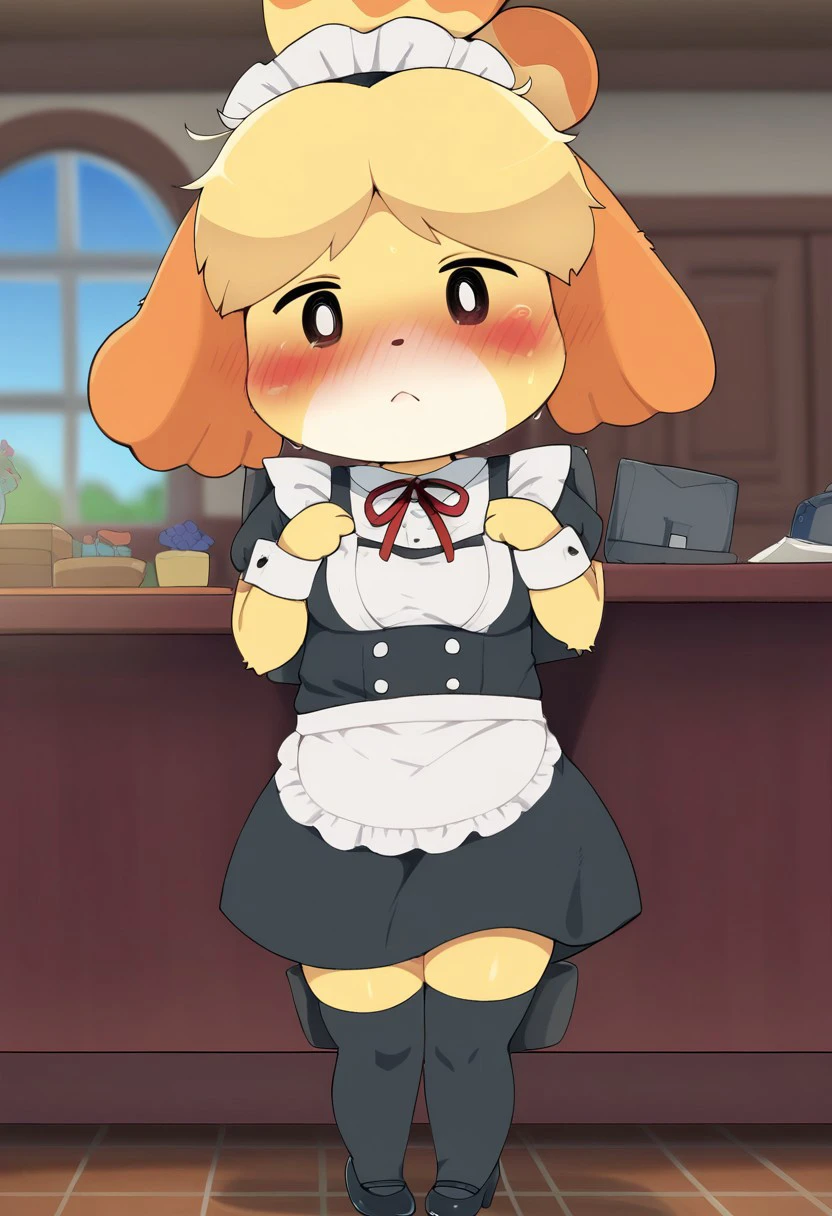 solo, 1girl, isabelle, embarrased, blush, BREAK maid apron, maid, maid headdress, thighhighs, wrist cuffs, 1girl, high heels, BREAK colorful, looking at viewer, office, BREAK ((ultra-detailed)), ((best quality)), ((best quality)), ((beautiful eyes)), ((extremely detailed)), 4K, (8K), best quality, (beautiful), Master piece, highres, score_9, score_8_up, score_7_up, score_6_up, score_5_up, score_4_up, colorful, best quality, official art, highres, masterpiece, nai3, god light, detailed background, high quality background,