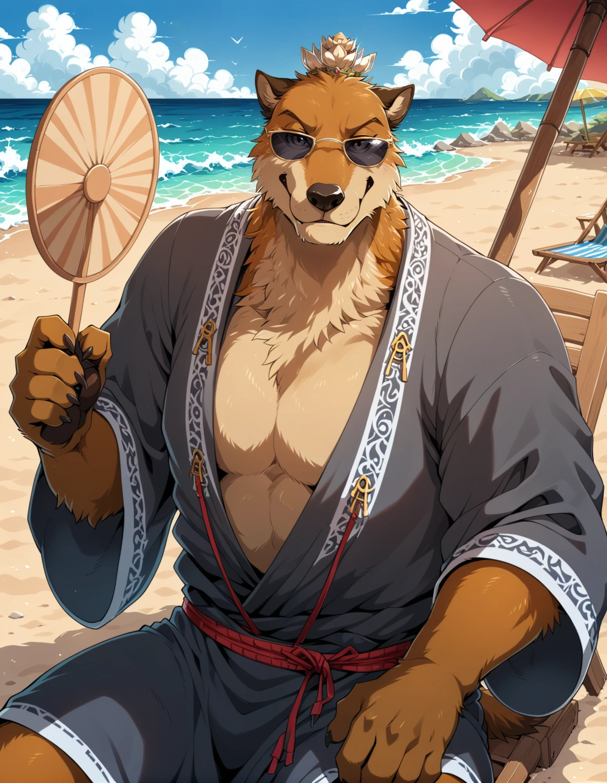 ((xudog)), by (takemoto_arashi:0.7),  dog, anthro, solo, male, slim, grey robe,lotus hair bun, half-length portrait, holding fan, sunglasses, lying, beach chair, beach, seaside, blue sky, cloud, beach umbrella, detailed background, 5 fingers,  <lora:BlackMythXuDog_seaart-1.0.3:1>