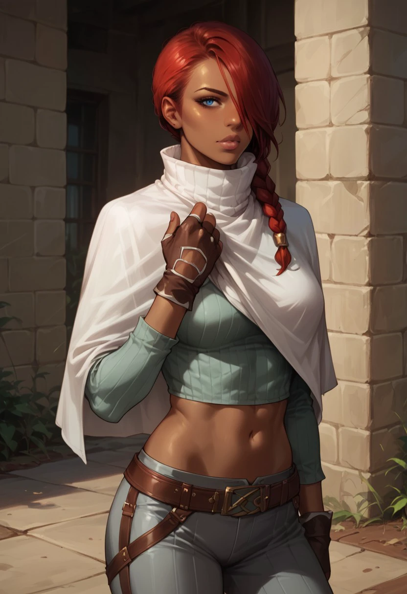 Score_9_up, score_8_up, score_7_up, source_realistic, cowboy shot, BREAK 1girl, solo, Lucia, red hair, braid, hair over shoulder, hair over one eye, dark skinned female, dark skin, blue eyes, lips, white capelet, grey ribbed crop top, midriff, long sleeves, belt, grey pants, fingerless gloves,